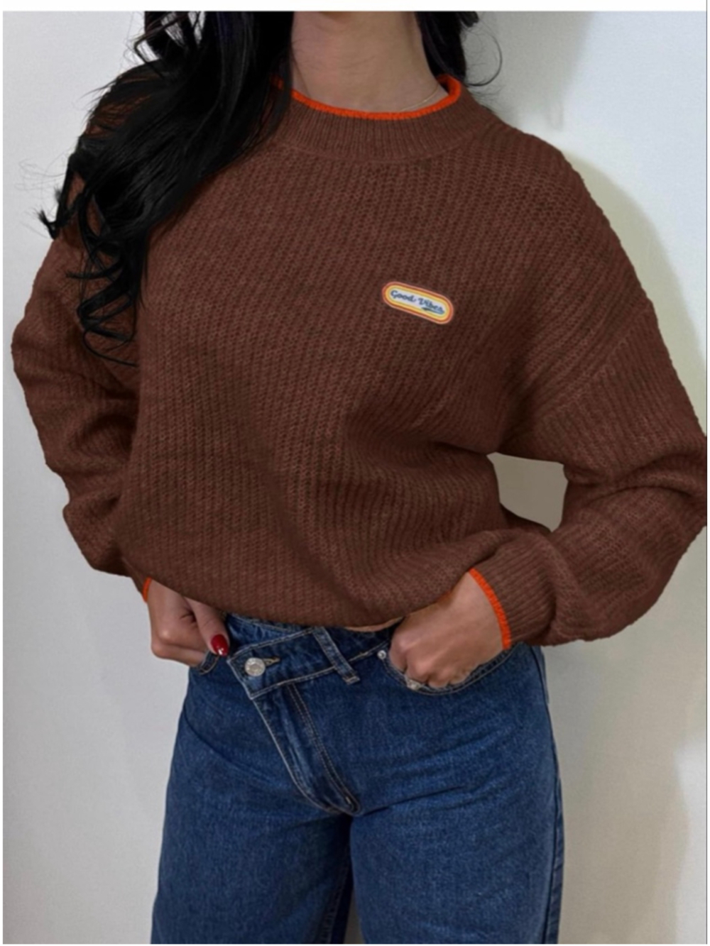 NEW Crew Neck Long Sleeve Knit Contrast Piping Strip Pullover Sweater M - Picture 5 of 7